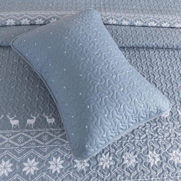 New 3 PC Blue Snowflake & Deer Quilt Set • QUEEN Size - Picture 6 of 8